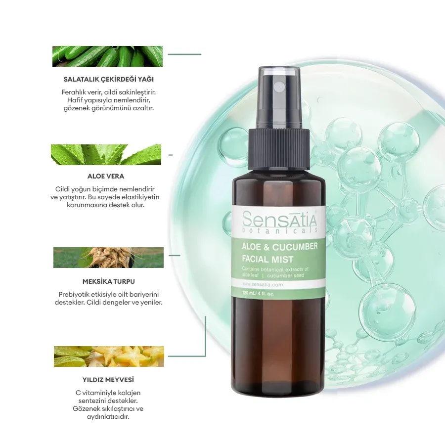 Nemlendirici Ferahlatıcı Doğal Yüz Spreyi 120ml - Aloe Vera, Salatalık Çekirdeği Özü Aloe & Cucumber