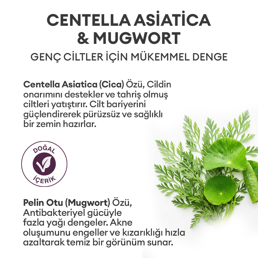 Yağlı ve Akne Eğilimli Genç Ciltler için Doğal Nemlendirici - Yatıştırıcı 50ml - Cica & Mugwort